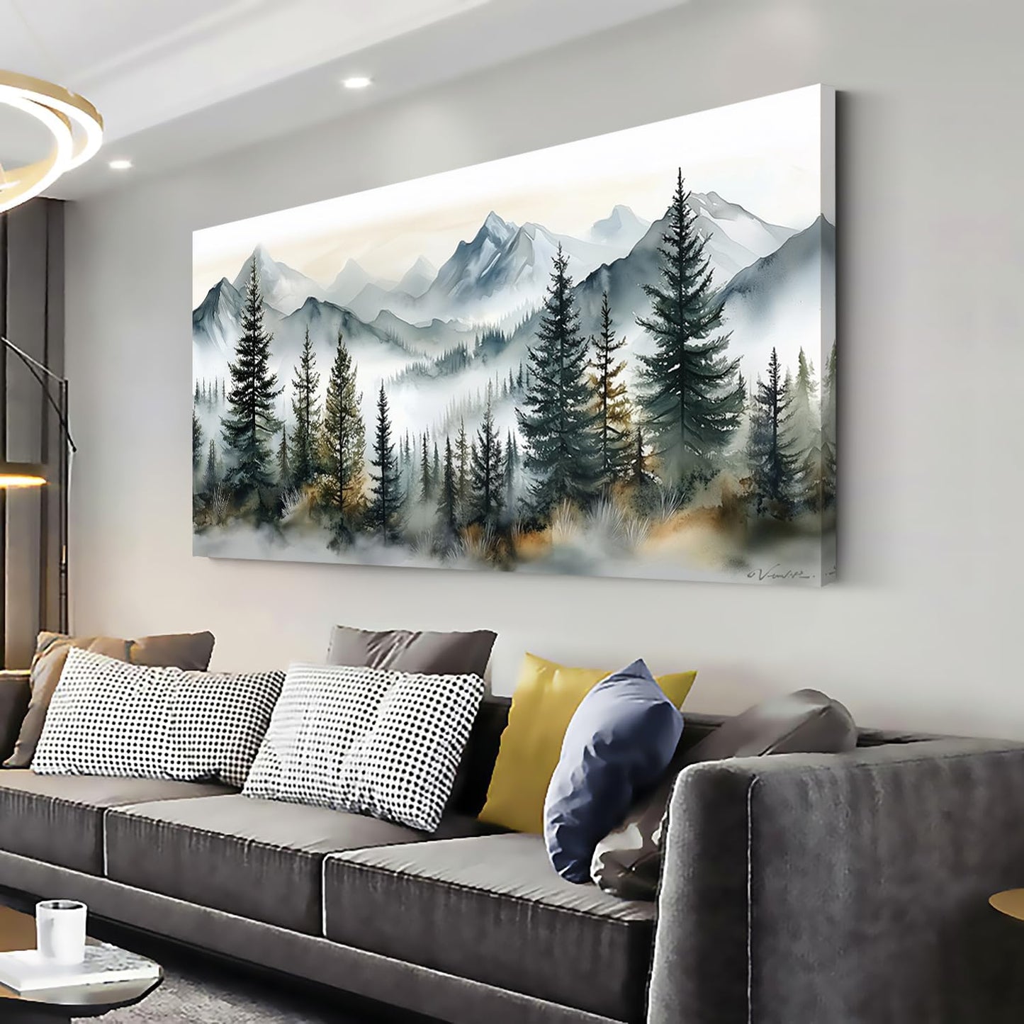 LASMOND Watercolor Forest Wall Art for Living Room Modern Mountain Canvas Painting Prints Foggy Woods Bedroom Landscape Office Wall Art Decor (40x20 Inches)