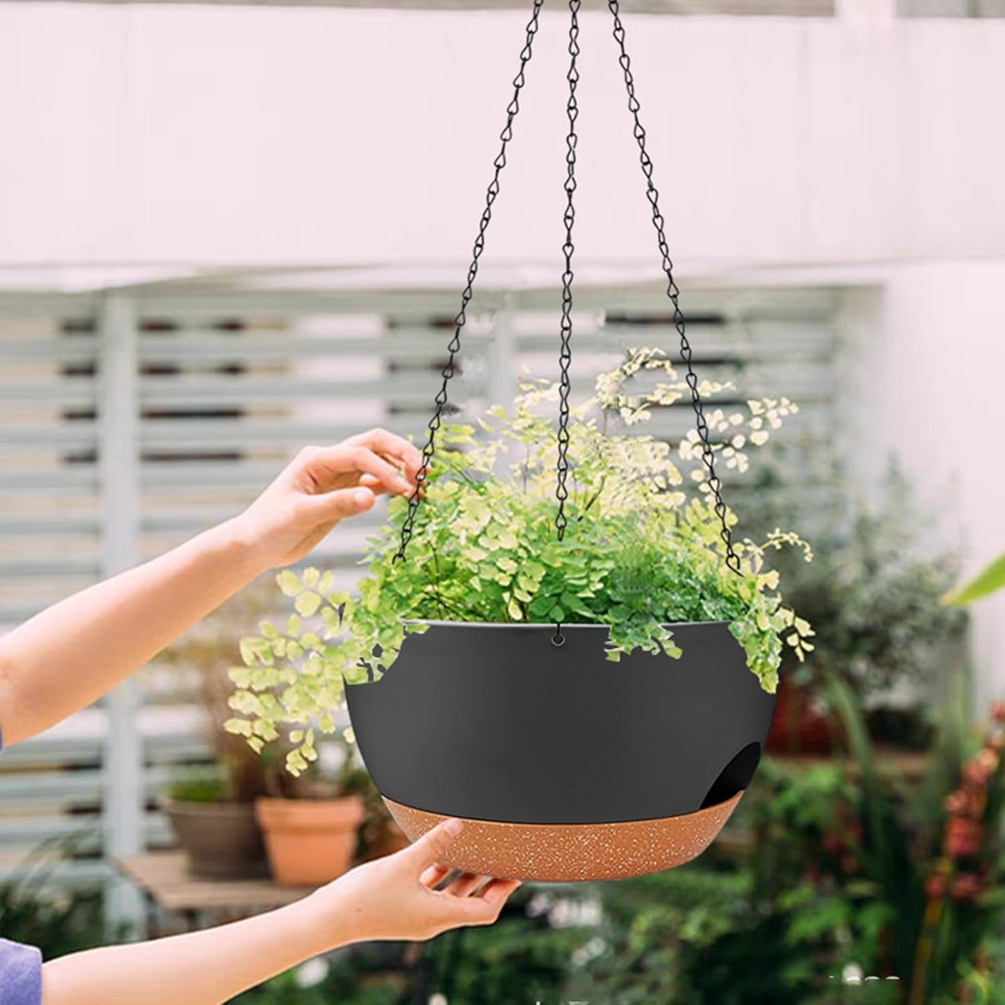 2 Pack Hanging Planters for Indoor Outdoor Plants, 12 Inch Self Watering Hanging Pot with Drainage Holes and Saucer, Plastic Plant Pots, Black Brown Flower Pots for Kitchen, Balcony, Garden