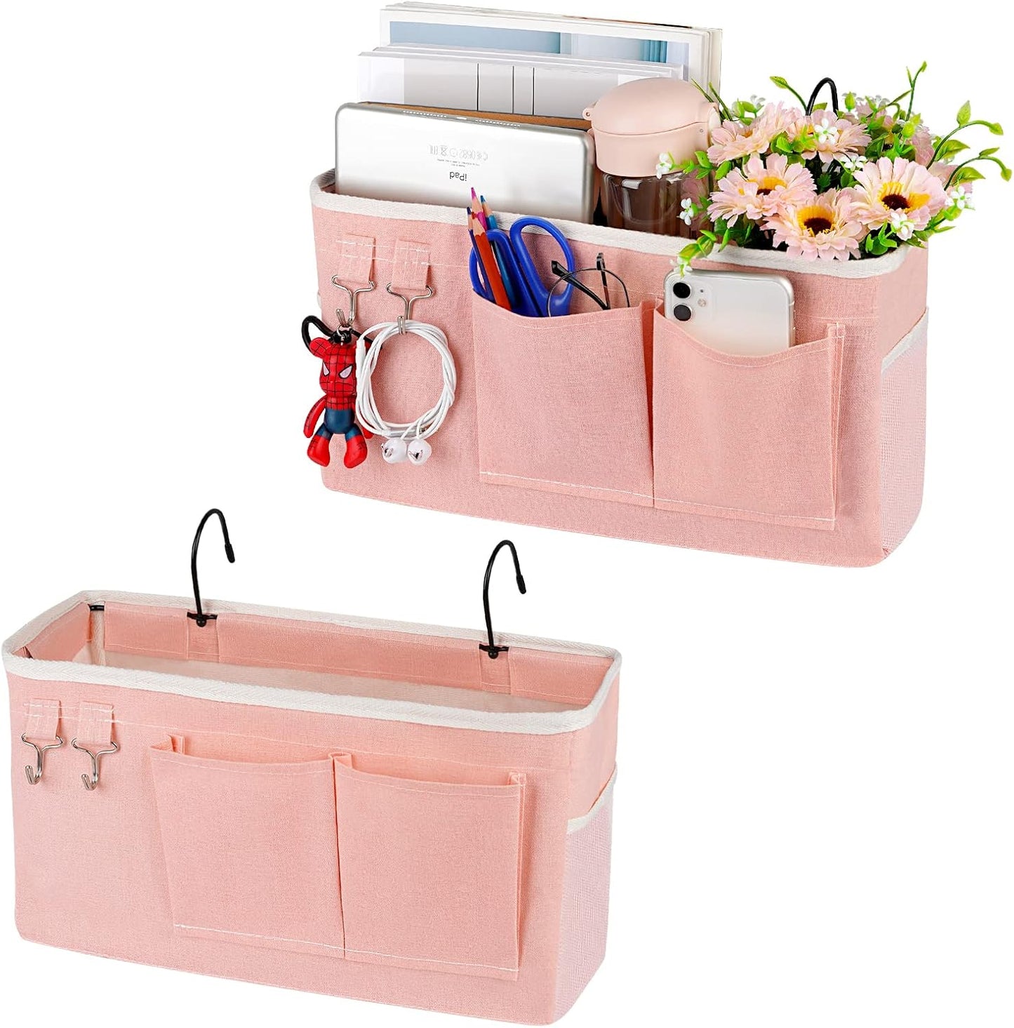 Bedside Storage Caddy/Bedside Hanging Storage Bag for Headboards Bunk Beds Dorm Rooms Book Phone Magazine Holder (2PC Light Pink)