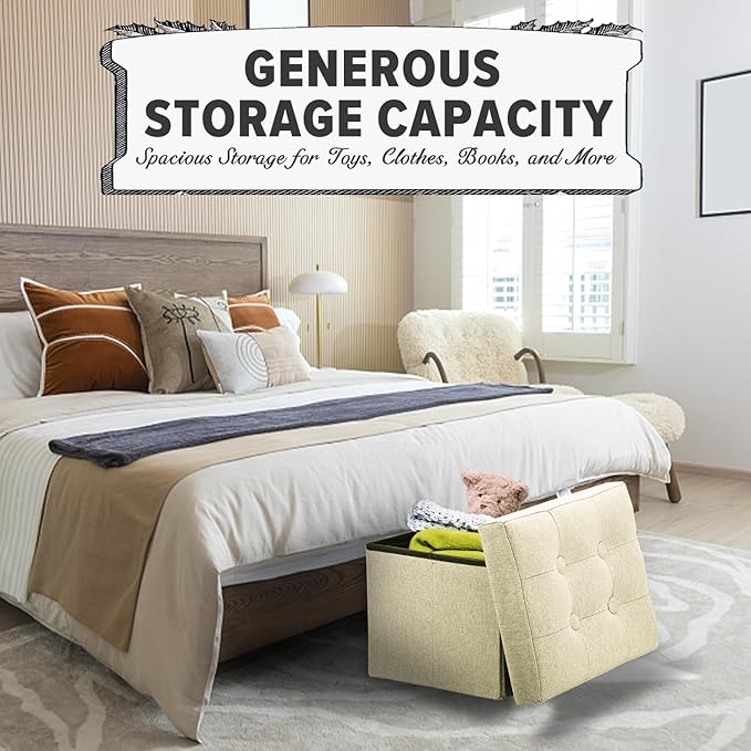 LINMAGCO Ottoman Storage Ottoman with Storage Small Foot Rest Stool Under Desk Stool Short Folding Footrest Linen Cloth Beigh 16X12X12IN