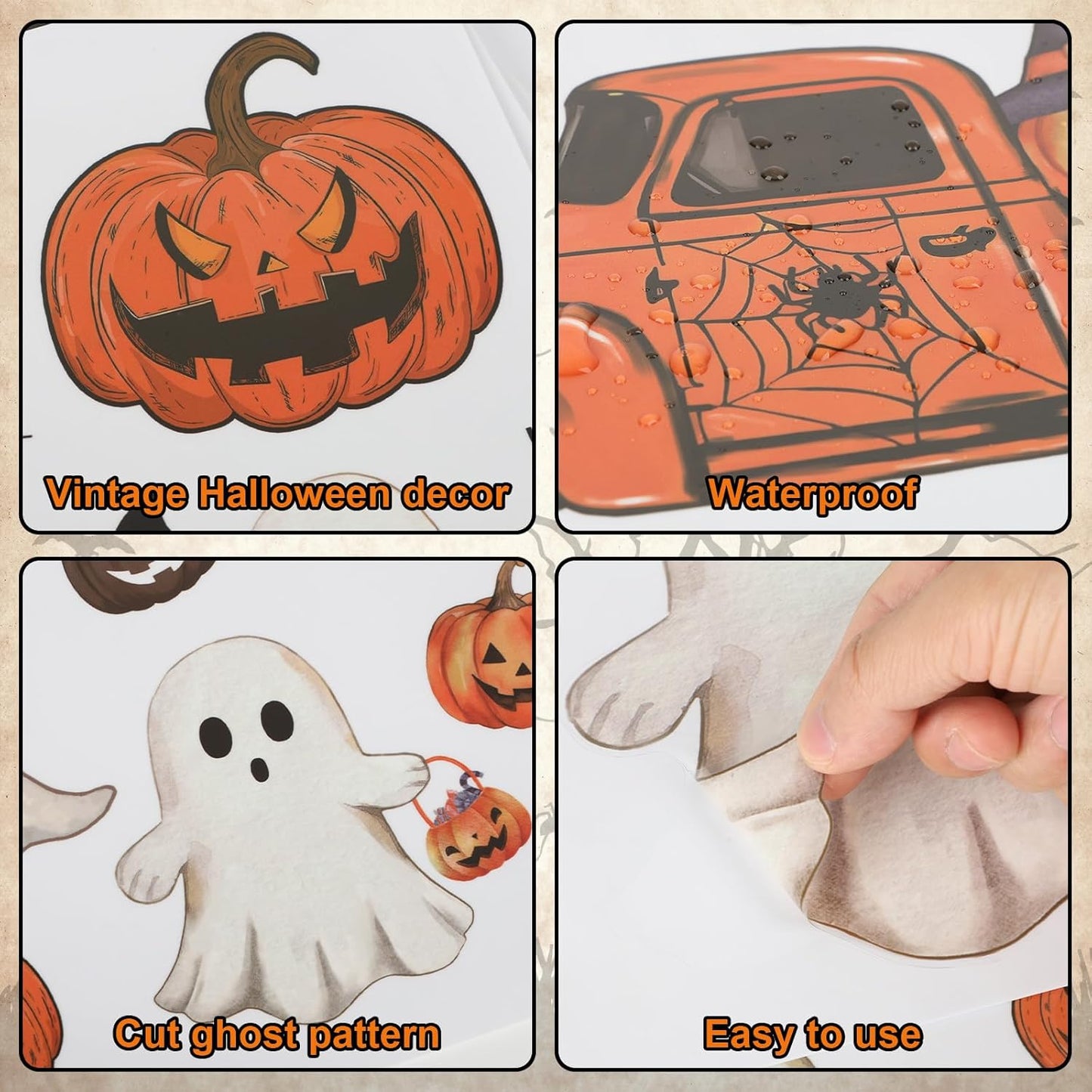 Vintage Halloween Window Clings 6 Sheets, Large Retro Spooky Ghost J-O-Lantern Pumpkin Reusable Window Decals Stickers for Home Halloween Party Decorations Supplies (Ghost)