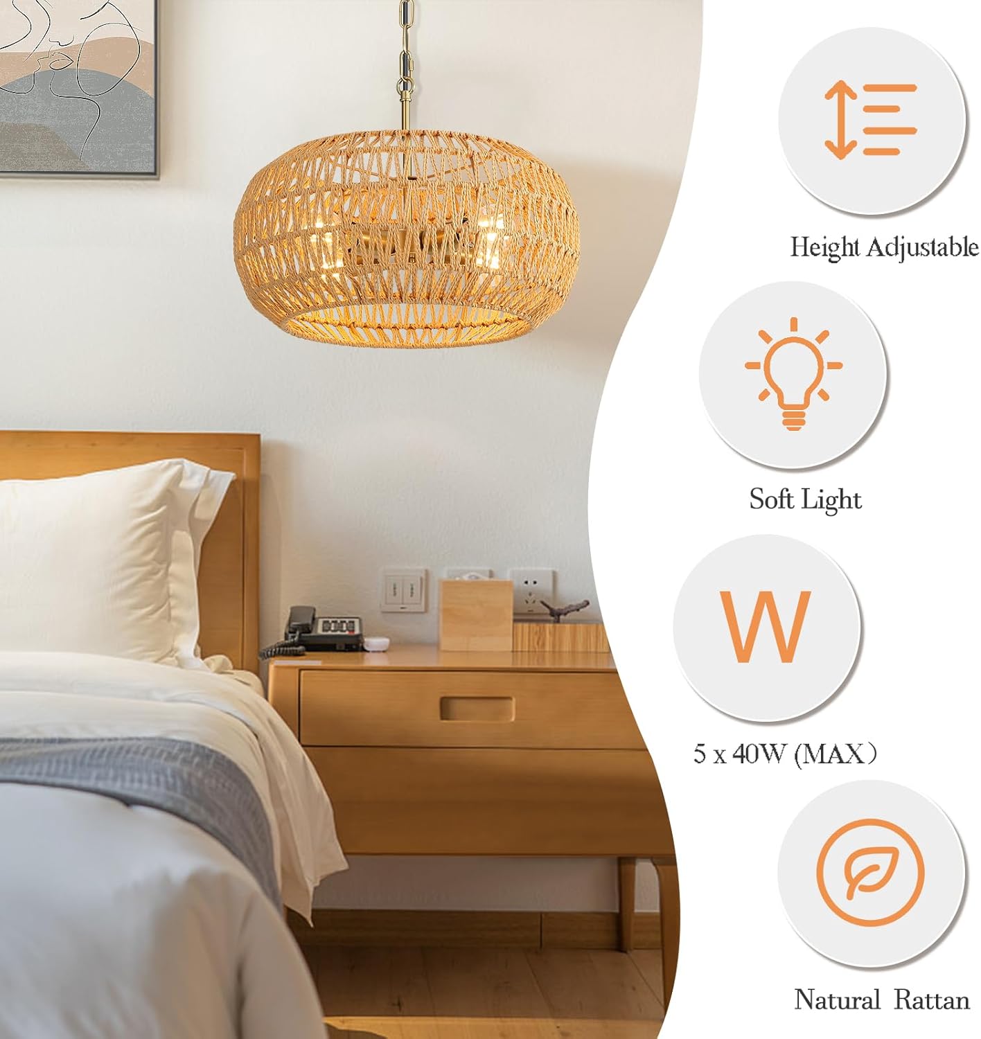 Rattan Pendant Light Kitchen Island,Farmhouse Chandelier for Dining Room Light Fixture Over Table,Ceiling Hanging Light Fixture with Wicker Lamp Shade for Bedroom Hallway Living Room