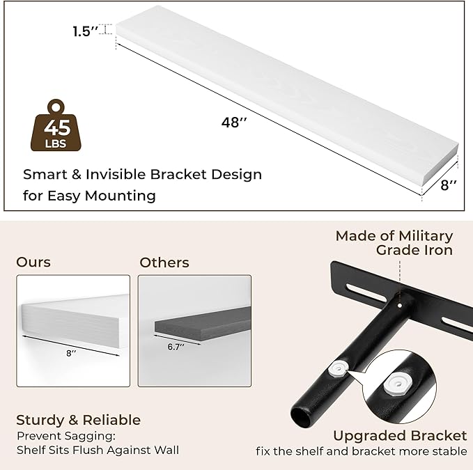 RICHFOCUS 48Inch Floating Shelves for Wall 1 Pack Shelves for Bedroom|Kitchen|Bathroom Wall Mounted Rustic Wood Floating Shelf with Invisible Brackets for Books|Storage|Decor, White
