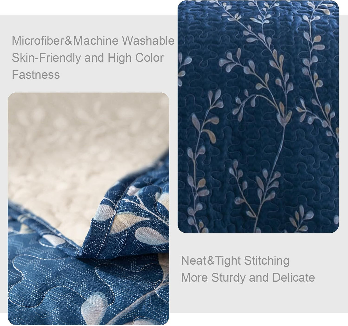 Exclusivo Mezcla Reversible Boho Quilt Set King Size, 3 Pieces Flowers Navy All Season Bedspreads, Ultra Soft Floral Coverlet Bedding Set with Printed Pattern (1 Quilt, 2 Pillow Shams)