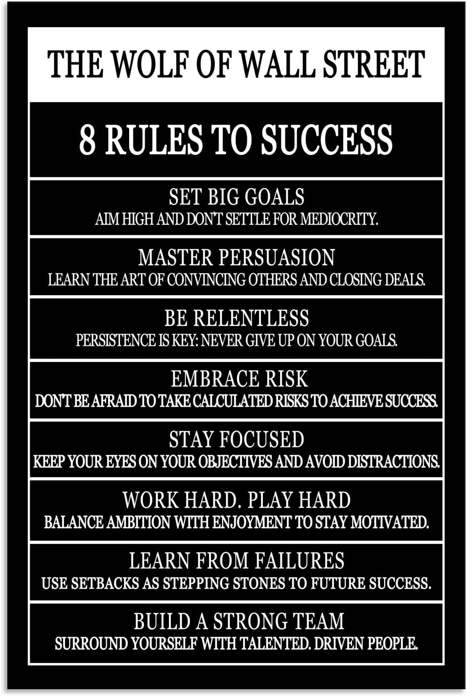 The Wolf Of Wall Street 8 Rules To Success Motivational Wall Art Printed Canvas Poster Inspirational Wall Decor for Office Hallway Gym Bedroom Living Room Framed Ready to Hang [12" W X 18" H]