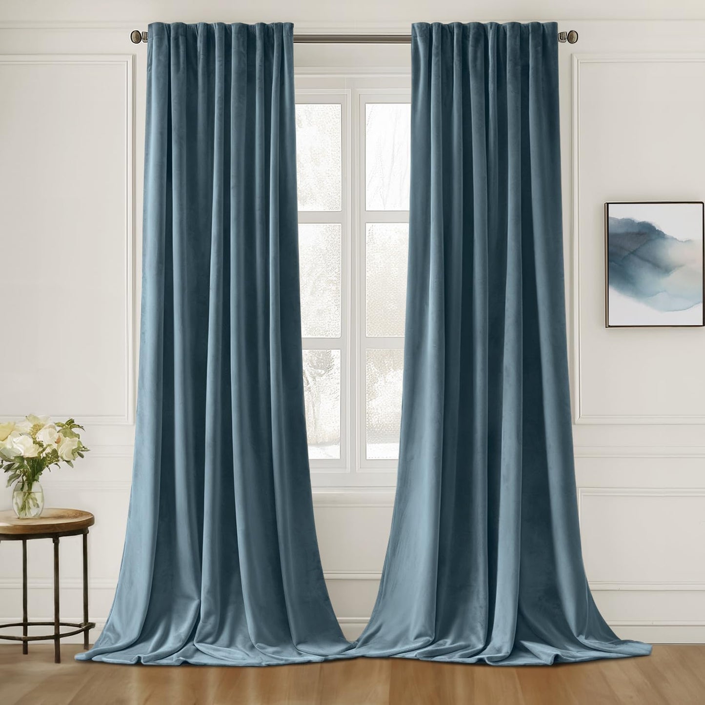 MIULEE Stone Blue Velvet Curtains 84 inches Long 2 Panels - Luxury Pinch Pleated Room Darkening Window Drapes for Bedroom Living Room Thermal Insulated Super Soft, Back Tab Rod Pocket Light Blue