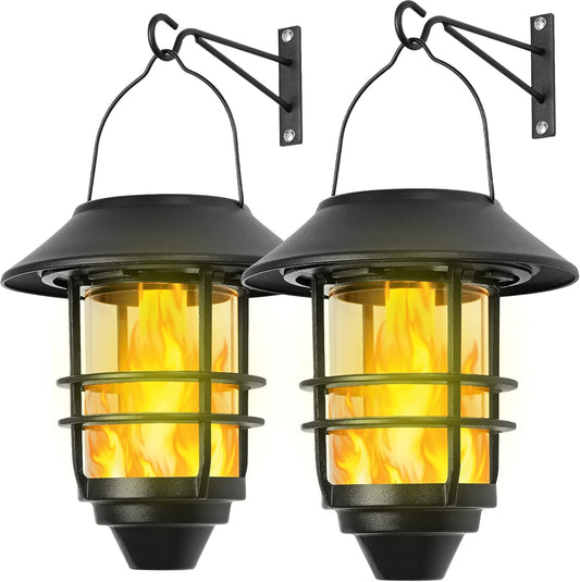 Solar Hanging Lantern Outdoor, Flickering Flames Outdoor Lights,Solar Lights Waterproof for Wall Fence Patio Porch Yard,2 Pack