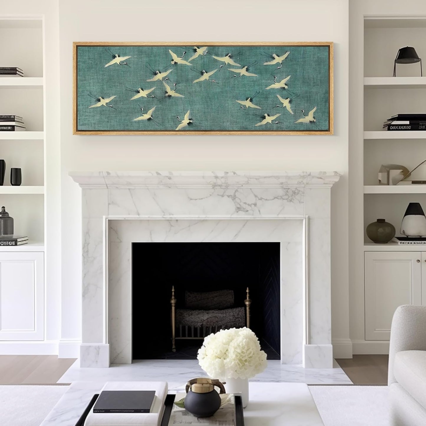 MUDECOR Large Framed Canvas Print Wall Art Serene Skies White Birds in Flight on Teal Antique Retro Fine Art Illustrations Decorative Colorful for Bedroom - 60"x20"