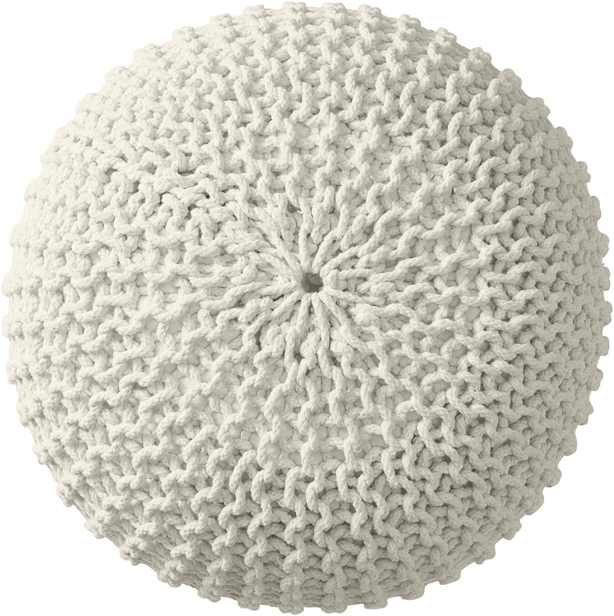 Ornavo Home Pouf Ottoman Foot Rest - 100% Cotton Pouffe - Hand Knitted Cable Braid Cord - Boho Round Stuffed Ottoman for Living Room, Bedroom - Natural