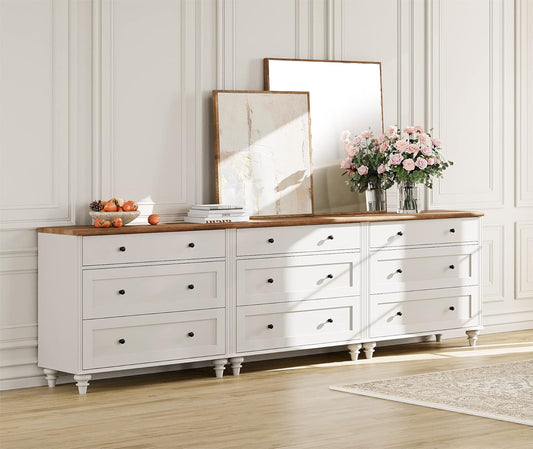 WAMPAT 9 Drawer Dressers for Bedroom, White Kids Dresser with 9 Wide Chest of Drawers, Mid Century Wooden Closet Storage Organizer, Large Wood Baby Dressers for Living Room, Nursery, Hallway