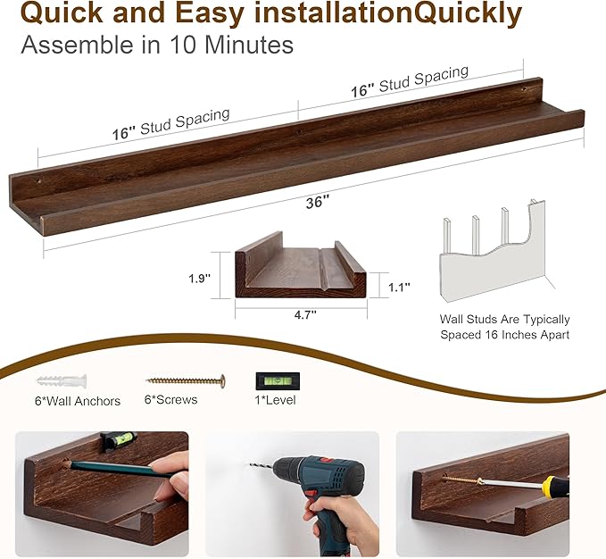 Floating Picture Ledge Shelves 36 Inch Solid Oak Wood Set of 2, Rustic Wall Storage Shelves with Lip, Kids Bookshelf, Photo & Picture Ledge Shelves for Bedroom, Living Room, Kitchen