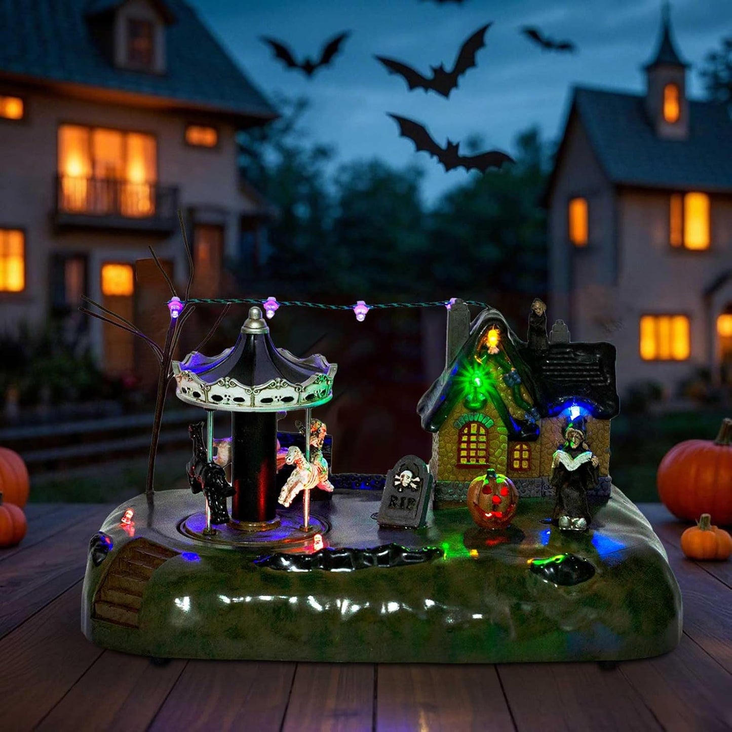 Animated Halloween Carousel Village House, LED Spooky Festival Display Collection Battery Operate, Indoor Use only