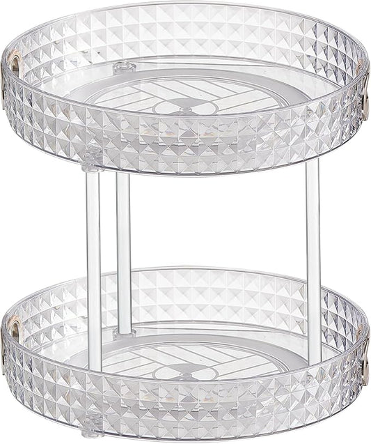 Wesoke 2 Tier Lazy Susan Turntable Cupboard Organiser, Large Rotating Kitchen Spice Rack Spinning Condiment Seasoning Organizer, Detachable Revolving Bathroom Makeup Tray Holder for Cabinet Fridge