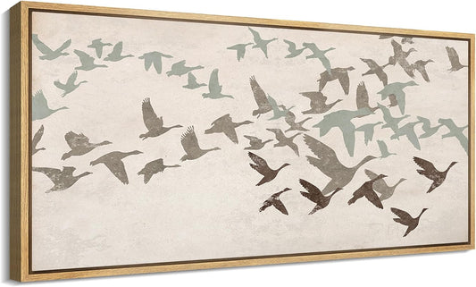 MUDECOR Extra Large Framed Canvas Print Wall Art Wild Freedom Assorted Birds in Flight Antique Retro Fine Art Illustrations Decorative Colorful for Bedroom - 60"x30"