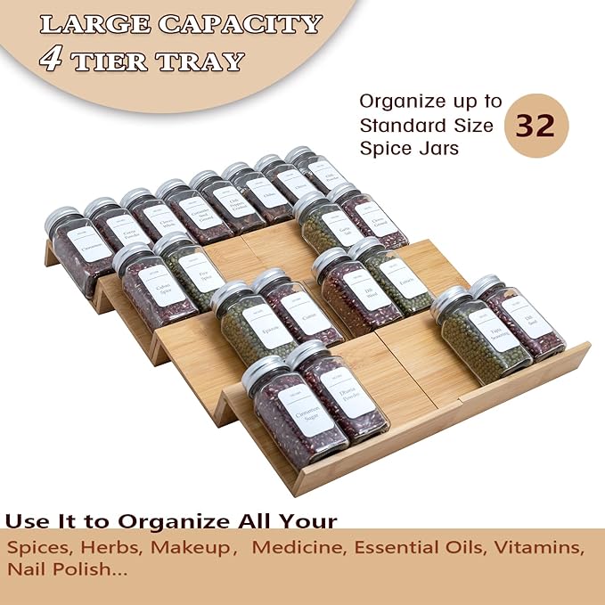 Bamboo Spice Rack Drawer Organizer - 8 Pieces Set- 7" Wide Per Piece - Combine Pieces Into 14" Wide Rack (7" or 14")