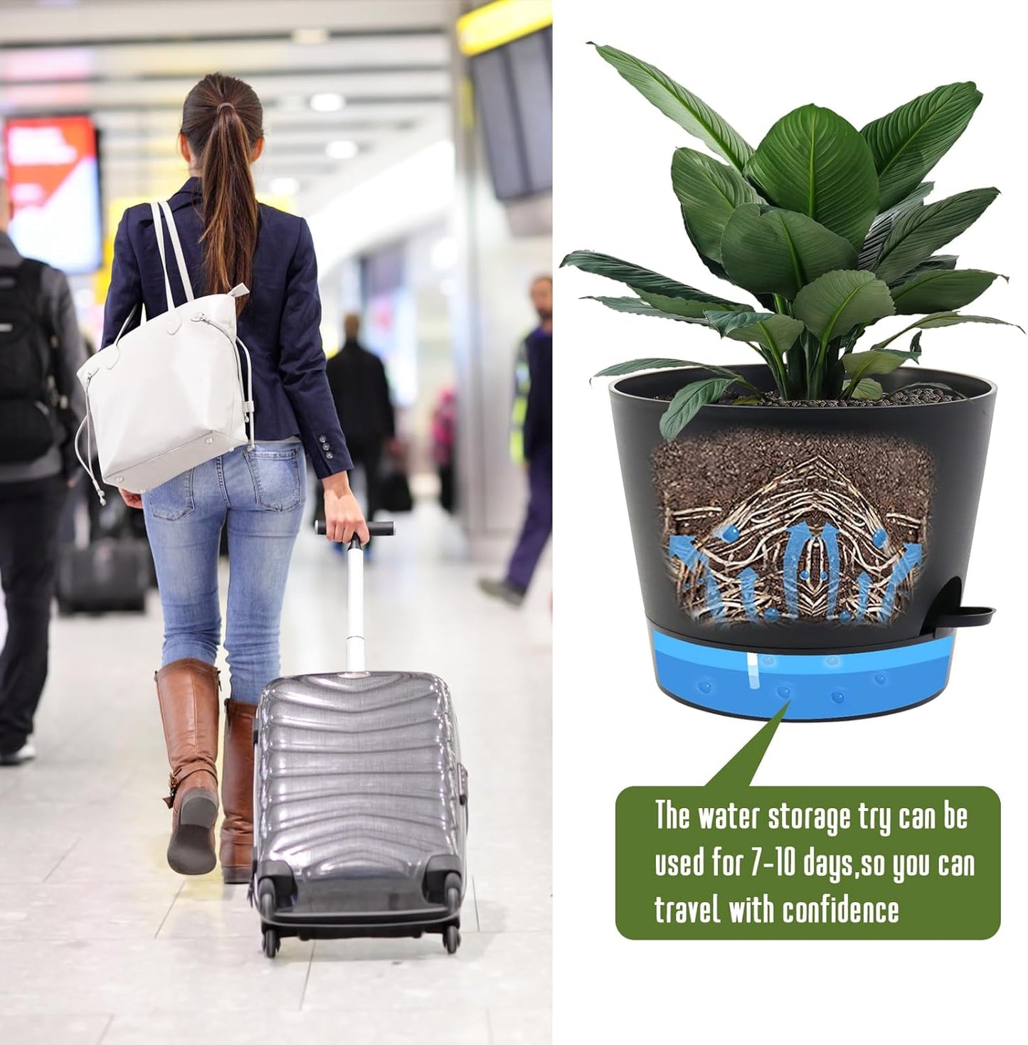 Self Watering Pots for Indoor Plants,12 inch Planters with Drainage Holes Plastic Flower Pots with Deep Reservoir, Black