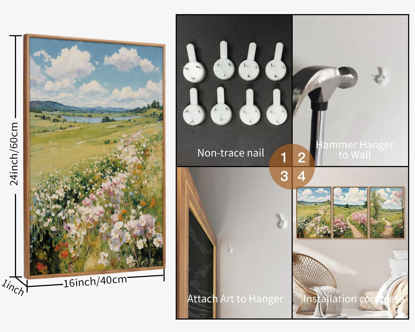 Tinonedraw Rustic Landscape Framed Canvas Wall Art Triptych, Blue and White Wall Decor, Vintage Botanical Floral Artwork, Modern Country Nature Farmhouse Art Prints for Living Room Bedroom 16"x24"x3