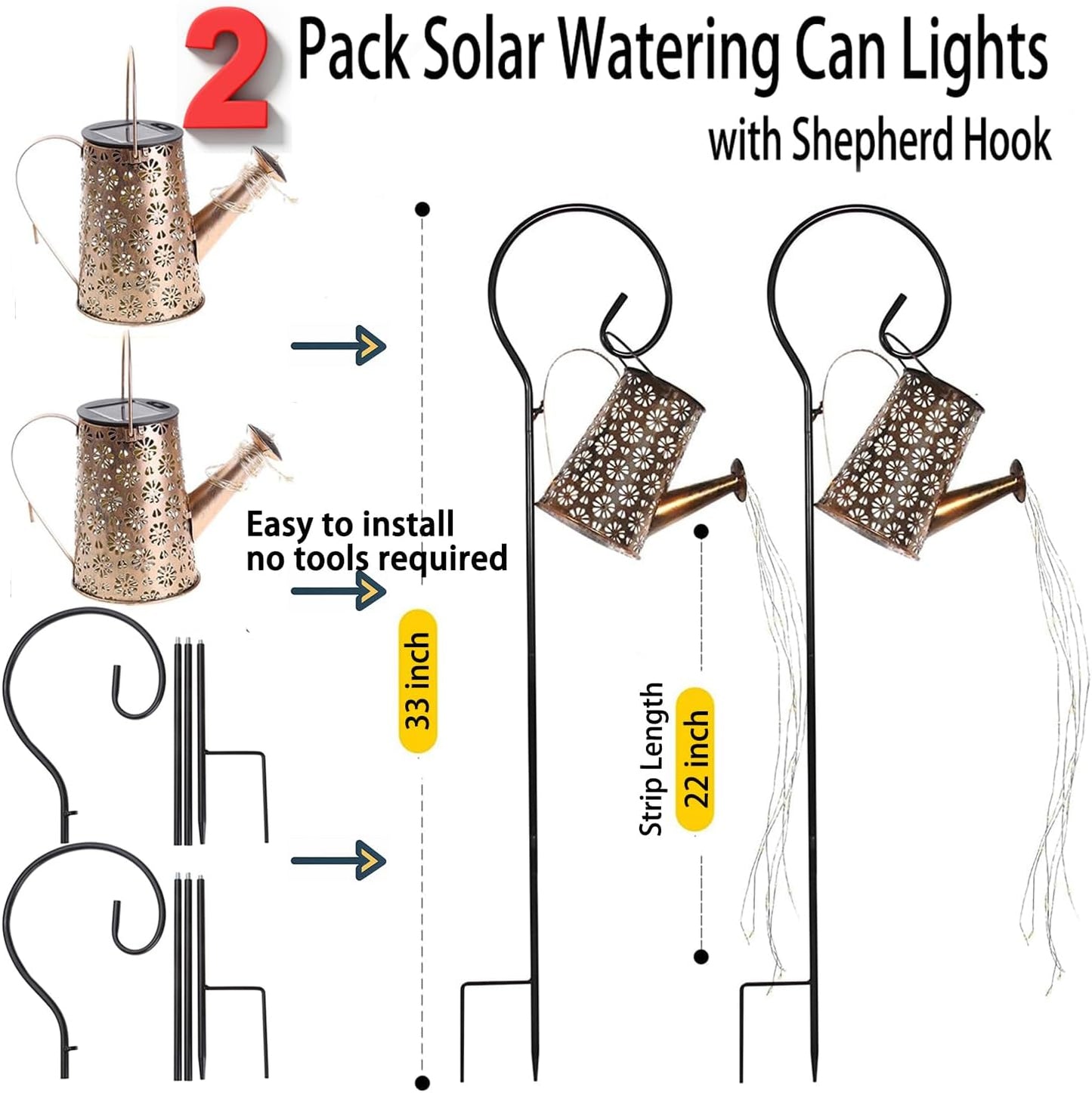 2 Pack Solar Watering Can Lights with Shepherd Hook, 8 Multi-Color Changing Modes, IP65 Waterproof, 60pcs String Lights for Outdoor Garden Pathway Lawn Patio Deck Walkway Courtyard