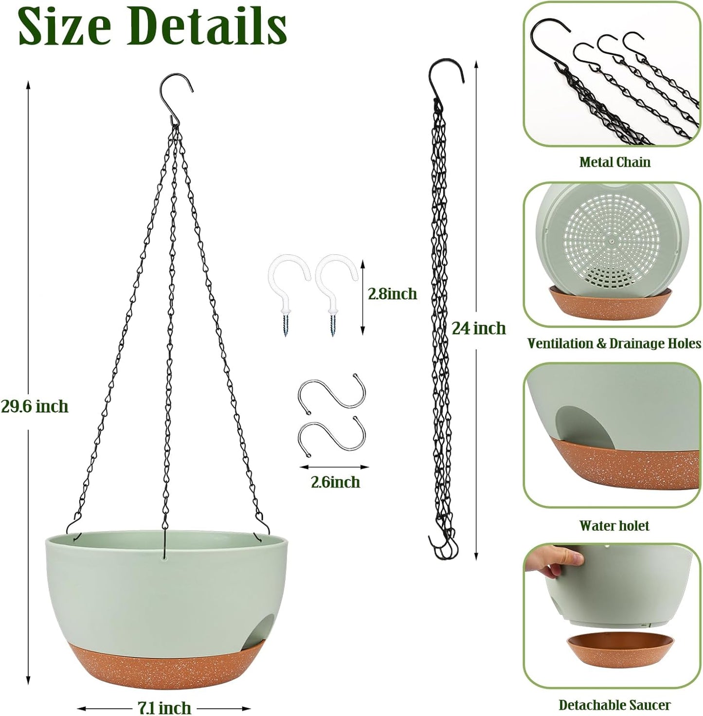 Hanging Planters for Outdoor Indoor Plants, 2 Pack 12 Inch Hanging Basket Plants Outdoor, Self Watering Hanging Planter with Plant Hanger for Garden Home Decoration (Green)
