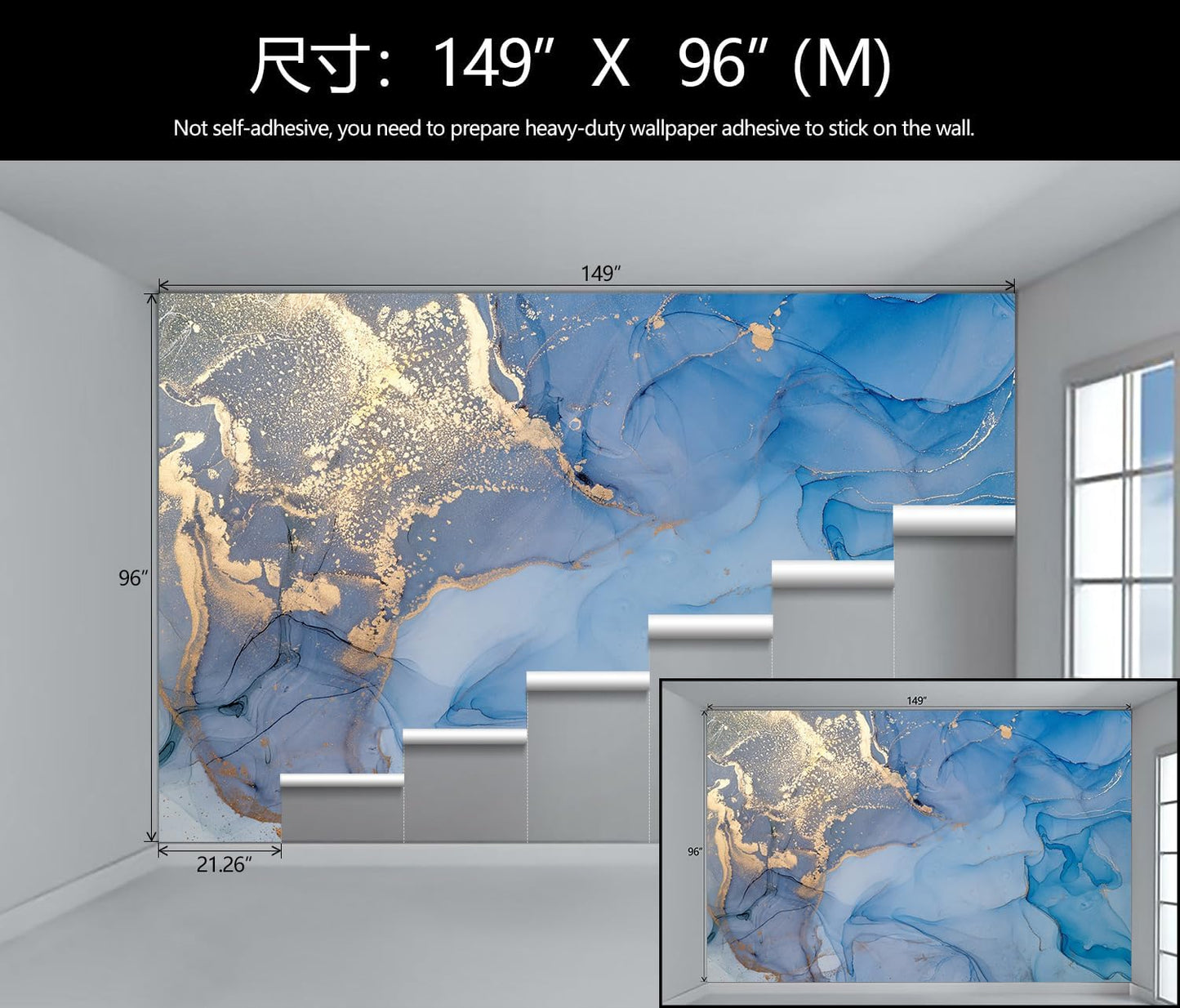 Blue and Gold Marble Wallpaper Abstract Art Background Wall Mural (Not Peel and Stick)