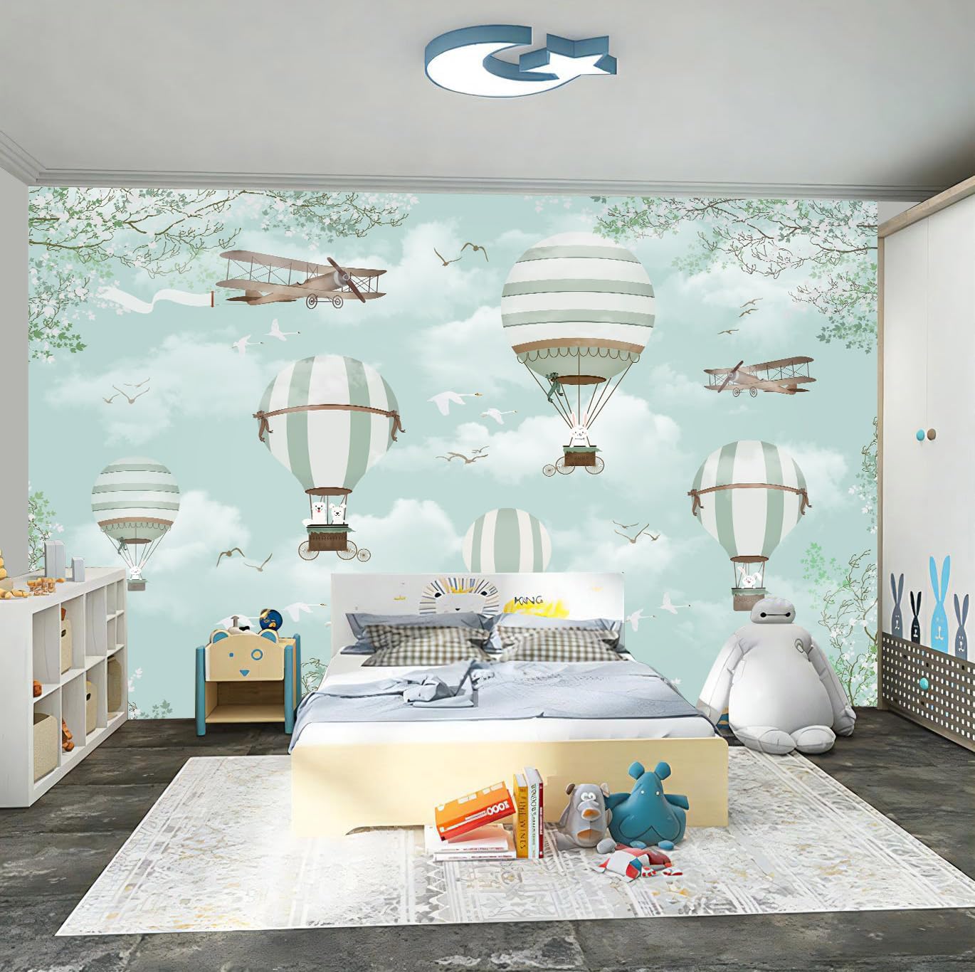 WFBHUA-Hot Air Balloon Wallpaper Mural Cute Animals Airplanes Blue Wallpaper for Nursery Wall Decoration Boys Bedroom Baby Room Kids Room (Not Peel and Stick)