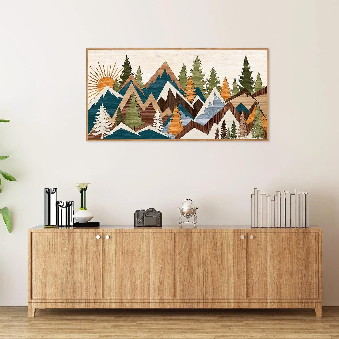 Tinonedraw Large Metal Mountain Framed Canvas Wall Art, Boho Rustic Sunrise Forest Wall Decor, 3 Piece Vintage Nature Artwork, Modern Wilderness Art Print for Living Room Bedroom Office 20"x40"