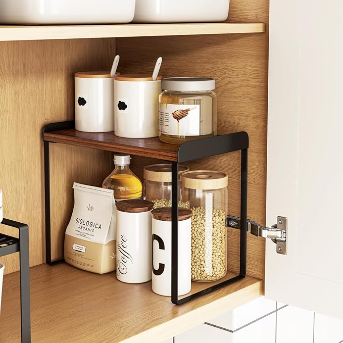 Mitus Shelf Organizer and Storage, Tiered Wood Cabinet Rack for The Kitchen Counter, Bathroom Counter, Pantry Cupboard, Office Desk Bookshelf, 12" Wide Walnut Brown and Black