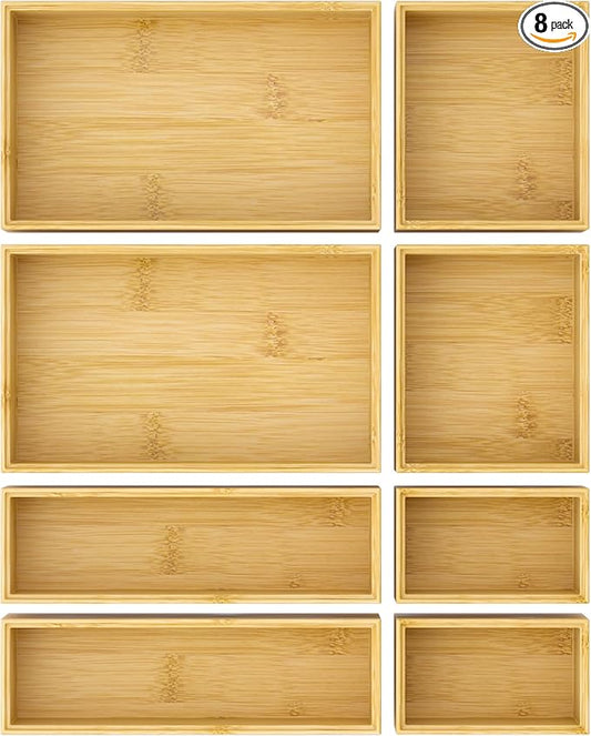 Bathroom Drawer Organizer Trays, Bamboo Silverware Drawer Organizer Kitchen Utensils, 8 PCS Wood Box Stackable Bins for Makeup, Office Desk, Vanity, Junk Drawer