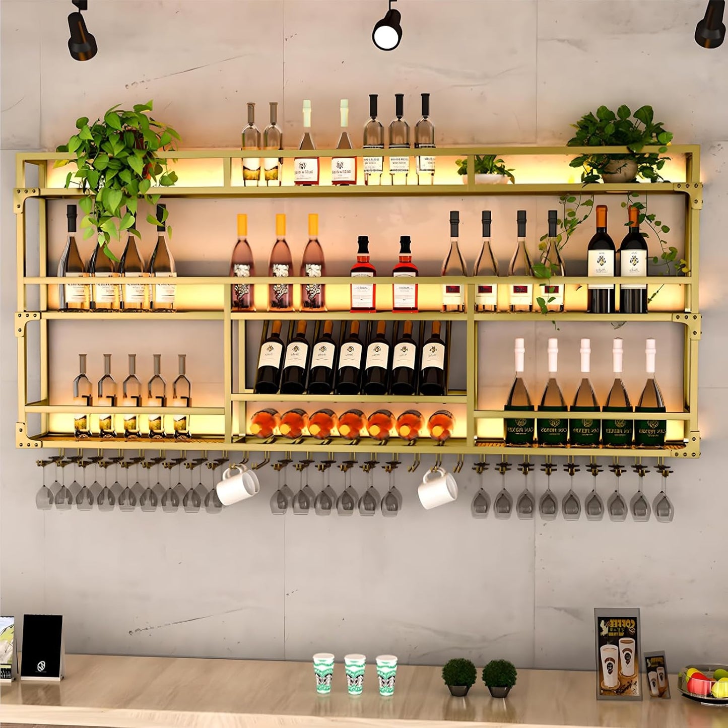 39.1in Wall Mounted Wine Rack, Wine Rack Wall Mounted With Wine Glass Rack, Metal Bar Bottle Display Shelf Wine Cups Hanging Holder, For Home Bar Cafe Dining Room Decoration (GOLD, 39.1*10*35.5inch)