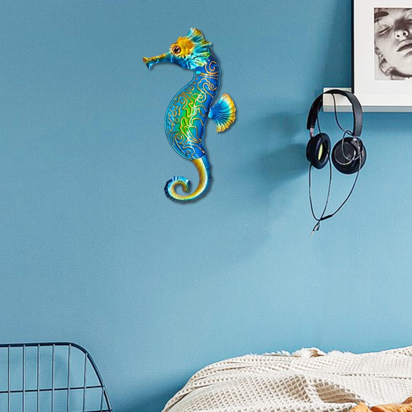 John's Studio Seahorse Sea Wall Decor Outdoor Metal Garden Hanging Art Glass Sculptures Home Ocean Theme Decorations for Kitchen Bathroom and Pool