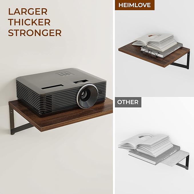 Heimlove Deep Floating Shelves for Wall, 12 Inch Deep Floating Shelves Set of 3, 16W x 12D Wood Wall Shelves, Wide Wood Shelves with Metal Bracket for Living Room, Kitchen, Office, Bedroom - Walnut