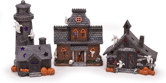Mark Feldstein & Associates Spooky Halloween Color Changing Pre-Lit LED Haunted House Village Set, 8 Inch, Set of 3