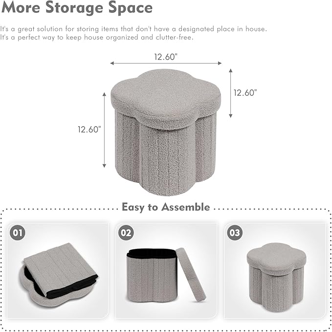 B FSOBEIIALEO Storage Ottoman Cube, Flowers Shaped Ottomans with Storage Foot Stool Footrest for Lving Room, Boucle Ottoman Seat for Dorm Room,Faux Teddy Fur, Grey 12.6"x12.6"x12.6"