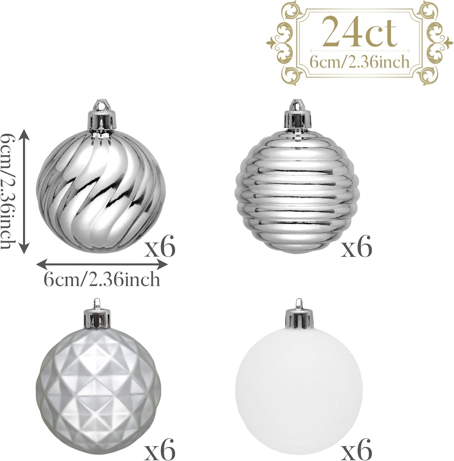 Valery Madelyn Christmas Ornaments Tree Decorations Set for Fall Halloween, 24ct Silver White Shatterproof Ball Ornaments, 2.36" Hanging Ornament Bulk for Xmas Holiday Party Decor