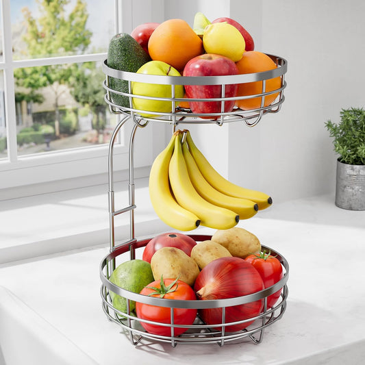 Fruit Basket for Kitchen Counter - 2-Tier Large Capacity Fruit Bowl with Detachable Banana Hanger, Rust-Proof Metal Fruit Holder for Vegetables, Bread, Toiletry,10" D x 10" W x 14" H, Silver.