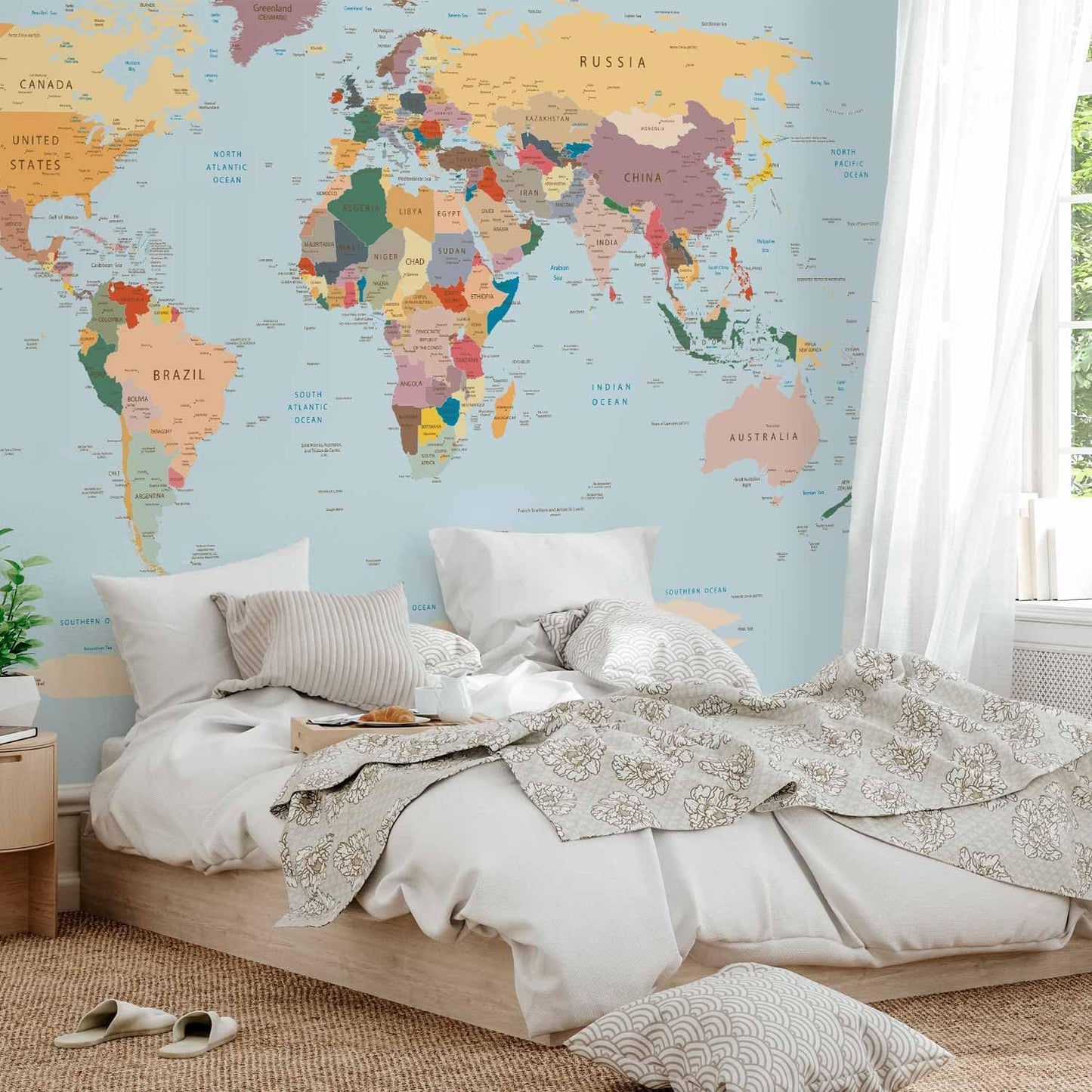 artgeist Wall Mural World Map 193x138 in - XXL Peel and Stick Self-Adhesive Wallpaper Removable Large Sticker Foil Wall Decor Print Picture Image Design Map of The World k-B-0001-a-c