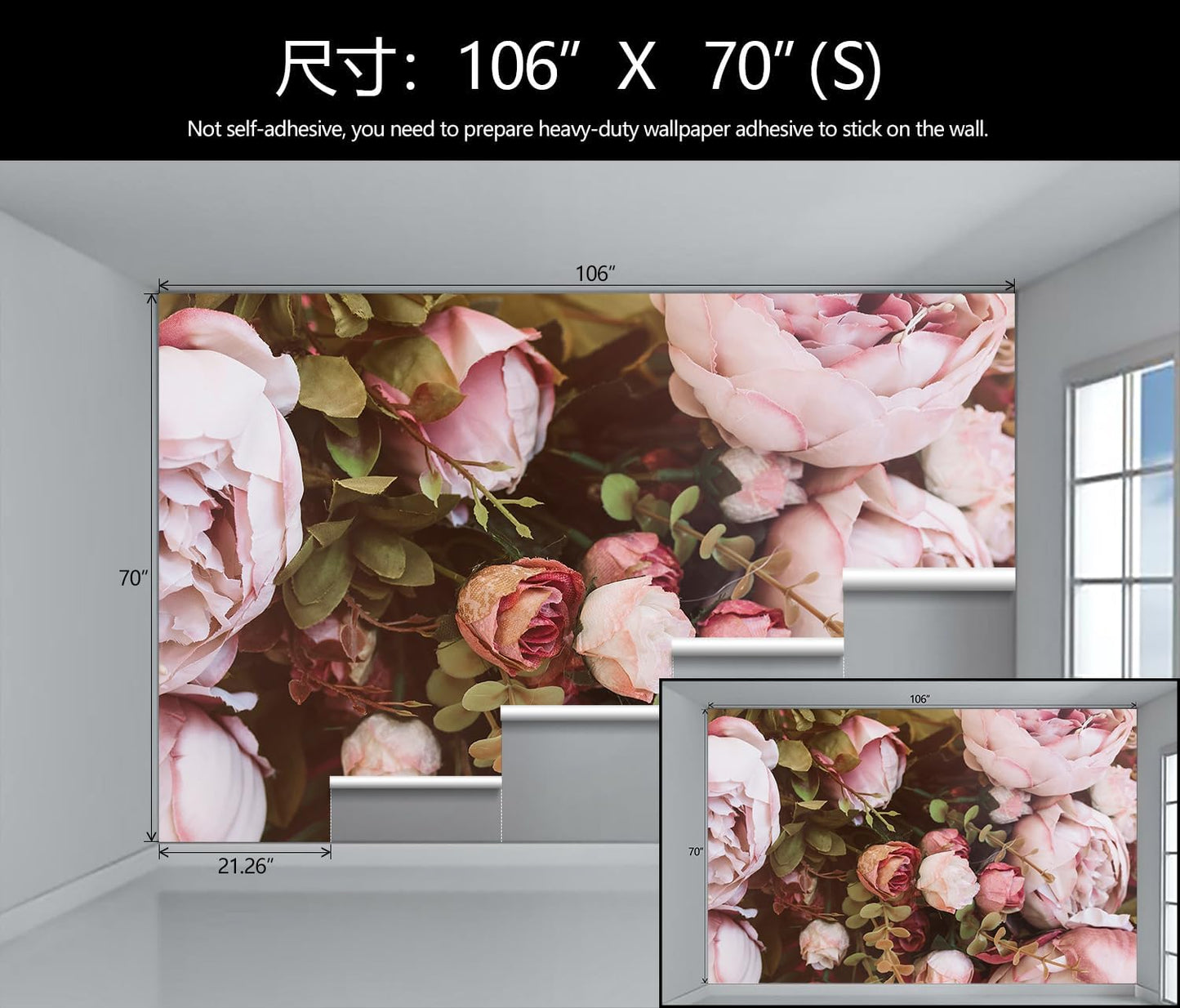 Large Peony Floral Wallpaper Girls Bedroom Pink Rose Flower Wall Mural (Not Peel and Stick)