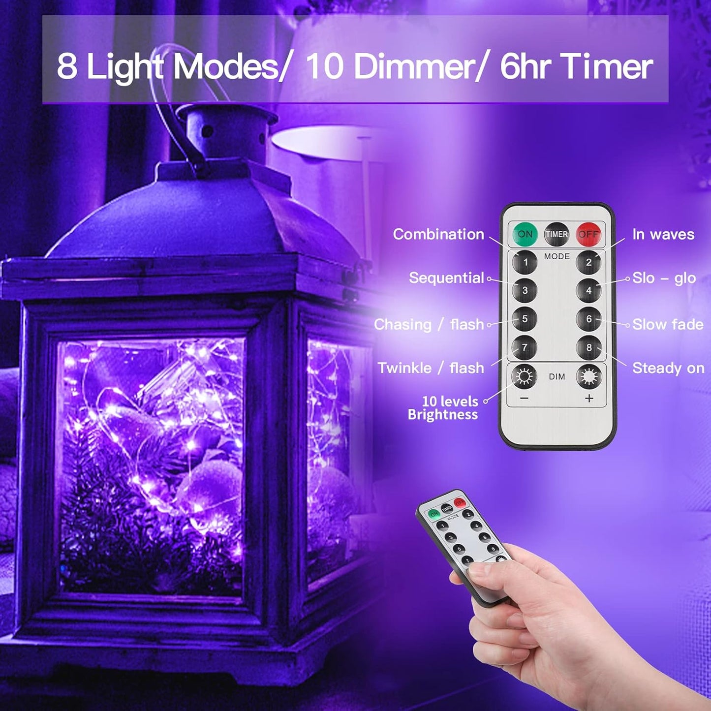 suddus Hallowee Fairy Lights Battery Operated, 33ft 100 LED Fairy Lights with Remote, Purple String Lights for Outside, Porch, Home, Backyard, Window, Yard, Garland, Party Decorations