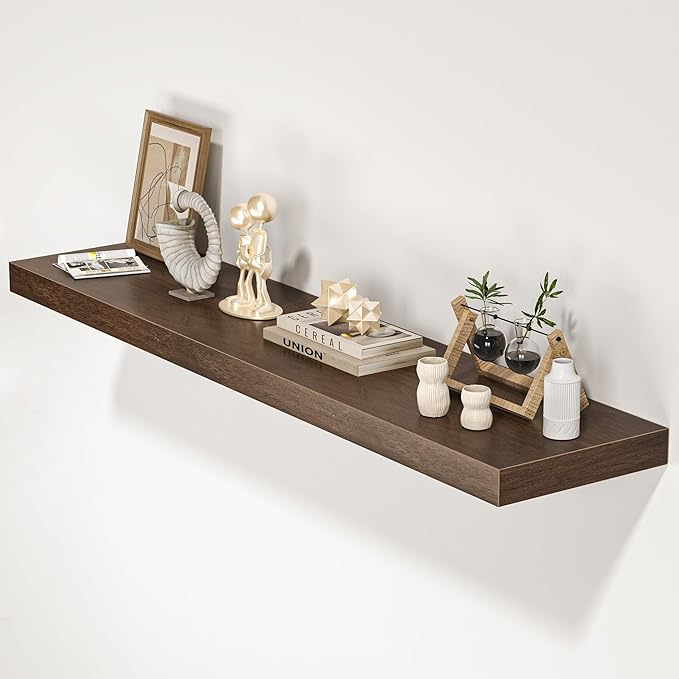 Floating Shelves for Wall, 48" W x 9.3" D x 1.5" H, Wooden Wall Mounted Display Shelves with Invisible Brackets for Living Room, Bedroom, Bathroom, Kitchen Decor and Storage, Set of 1, Walnut