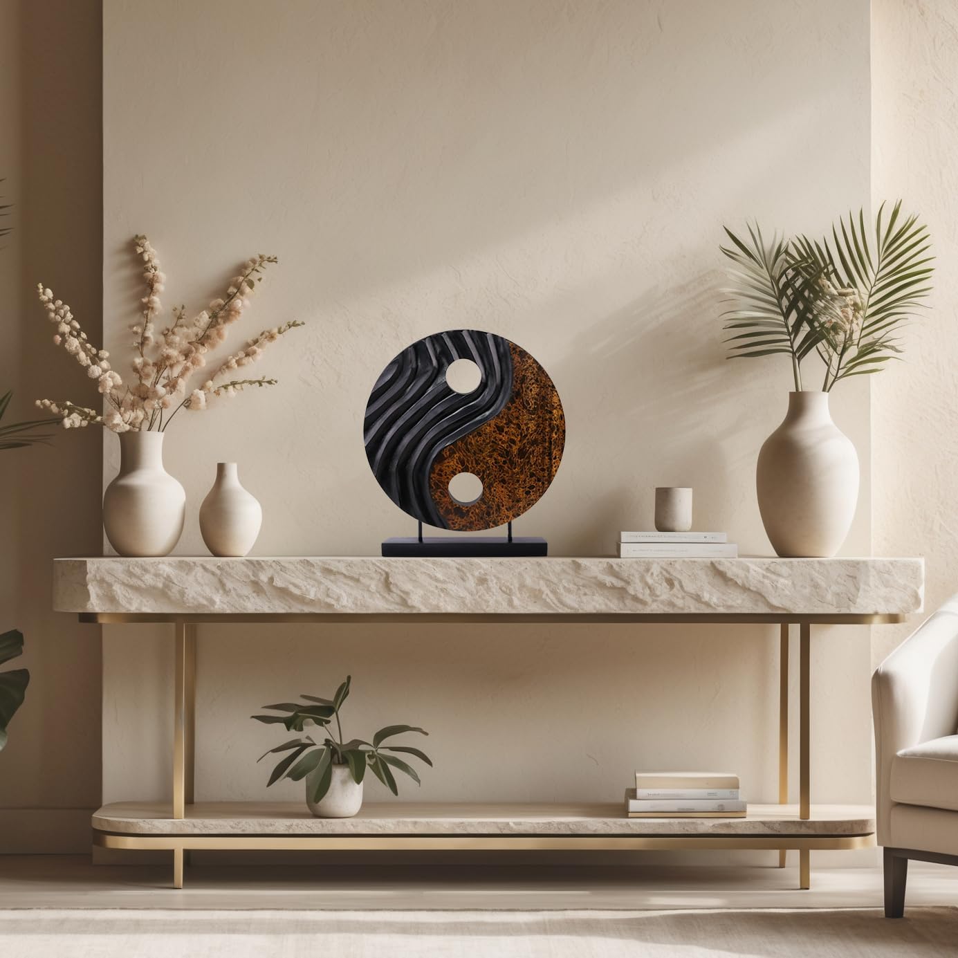 Decozen Handcrafted Solid Wood Yin Yang Sculpture Ideal for Home, Mantel, Fireplace, and Foyer Decor - Valentines Day Gifts