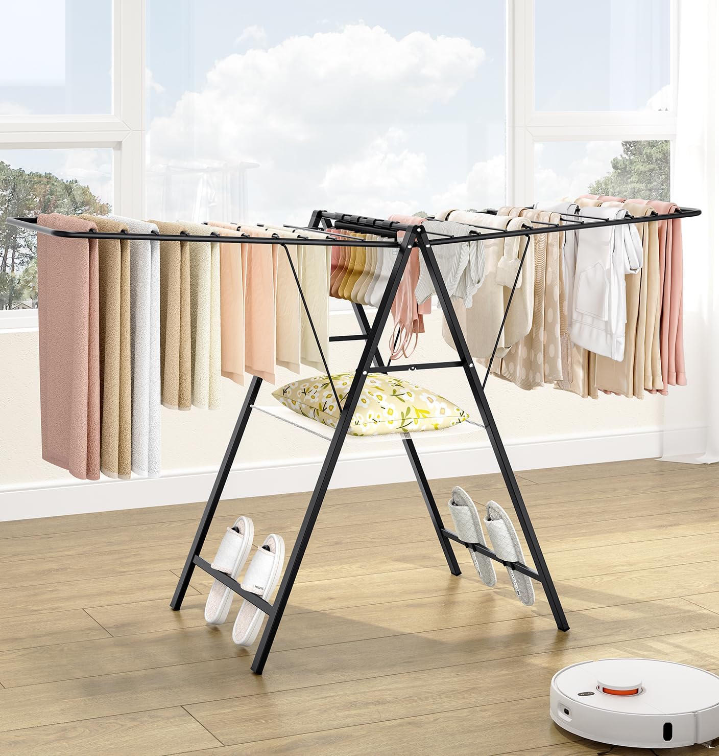 APEXCHASER Foldable Clothes Drying Rack, Metal Laundry Drying Rack Collapsible, Ultra Thin Clothes Rack for Sweater Bra Towel for Indoor & Outdoor Use, Height Adjustable Gullwing Clothes Airer, Black