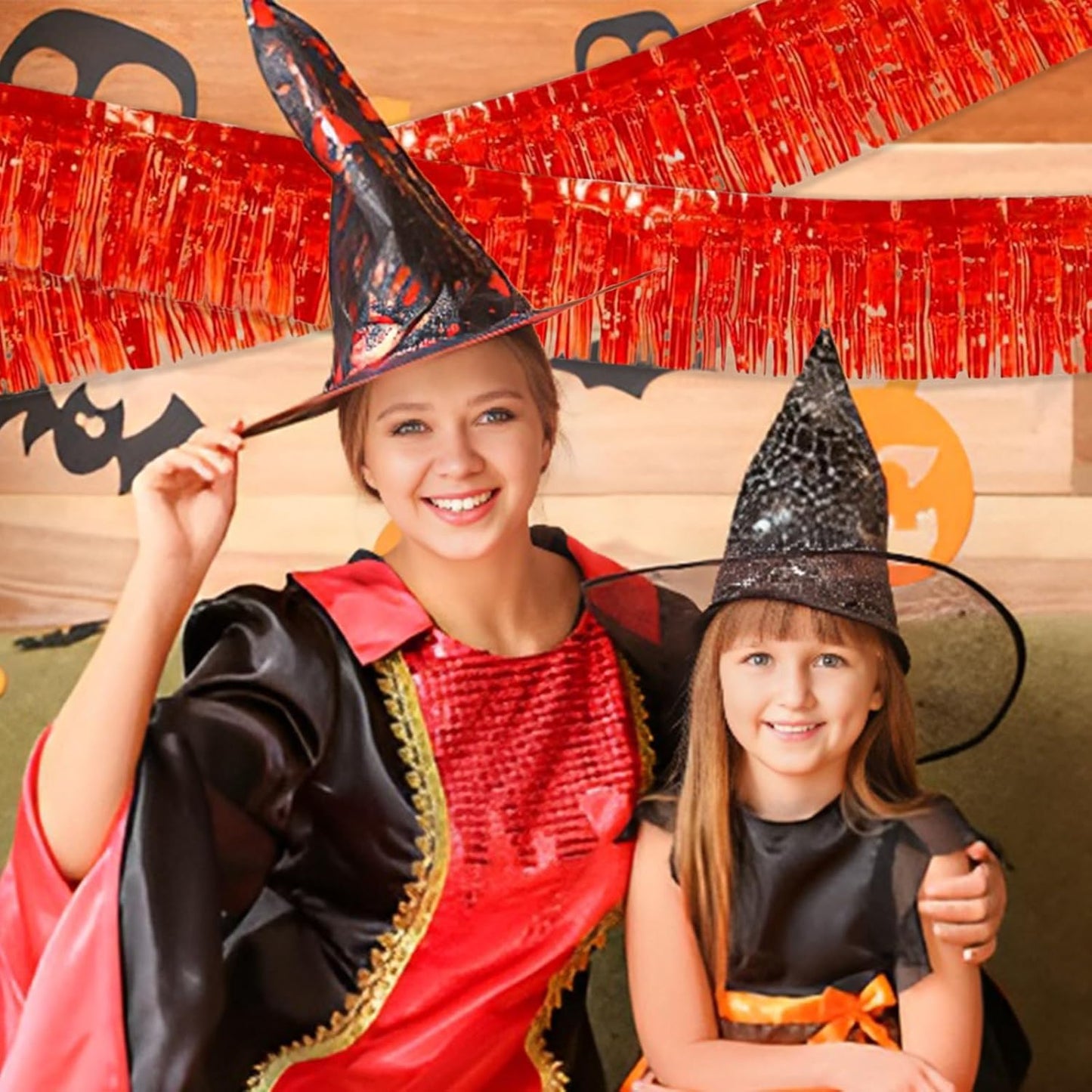 Red Foil Fringe Garland 10FT 2packs, Metallic Foil Tinsel Fringe Banners for Parade Float Decorations Wedding, Birthday Party Graduation (Two Red)