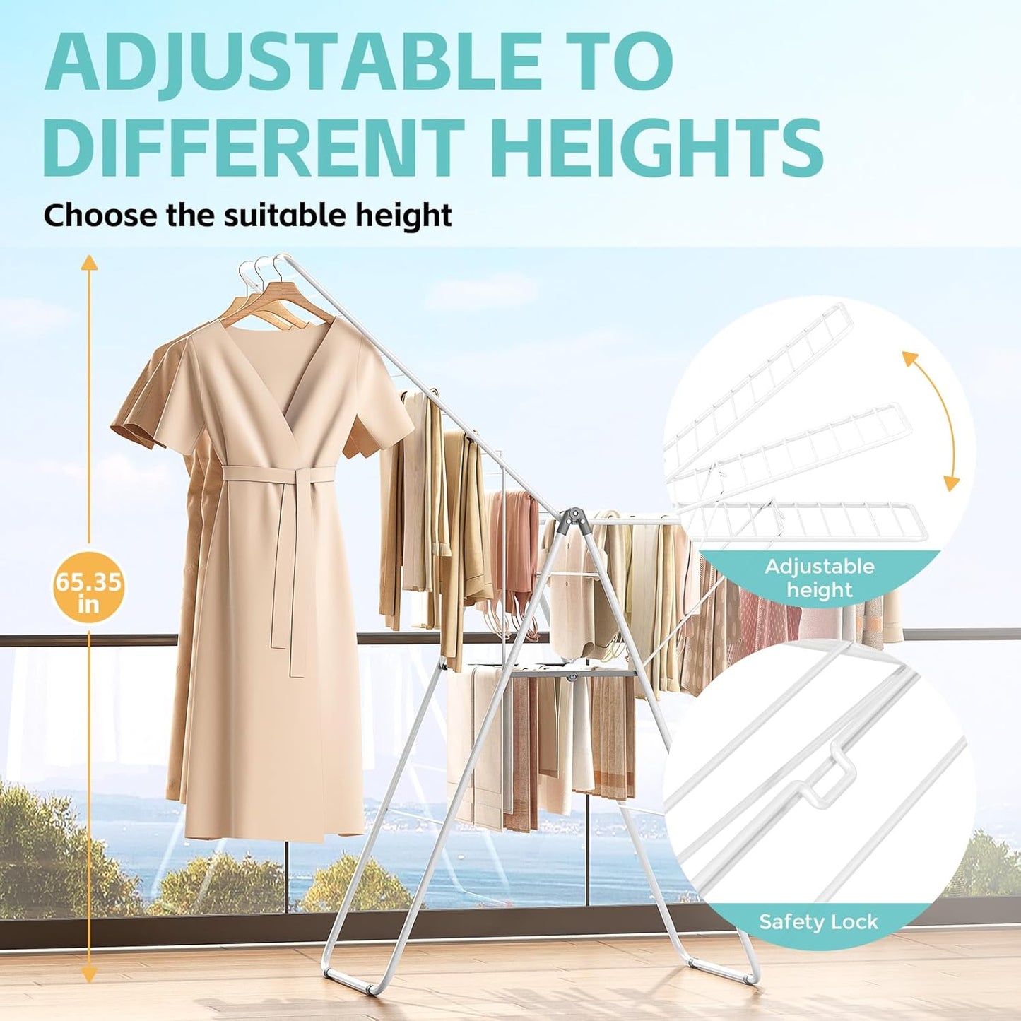 APEXCHASER Clothes Drying Rack, Oversized Drying Rack Clothing with Height-Adjustable, Foldable Gullwings Metal Laundry Rack, Indoor Outdoor Use, No Assembly, White