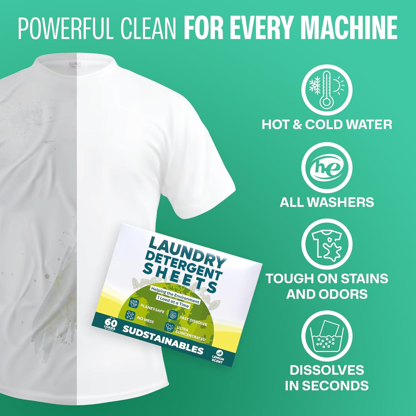 Sudstainables Laundry Detergent Sheets (60 Loads) – Eco-Friendly, Zero Waste, Plastic-Free Laundry Washing Machines Soap Sheets; Dissolvable, Space-Saving Strips for Travel (Lemon)