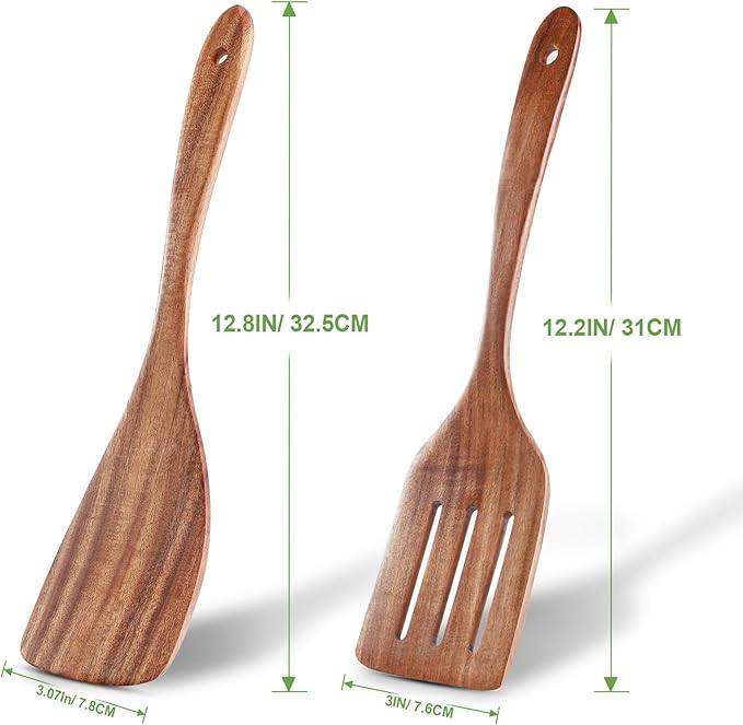 2 Pack Wooden Spatula, Acacia Wood Long Handle Flat Frying Turner, Handmade wooden spoons for cooking, Kitchen Utensil set, Non-Stick Cooking Spurtle Utensils for kitchen use