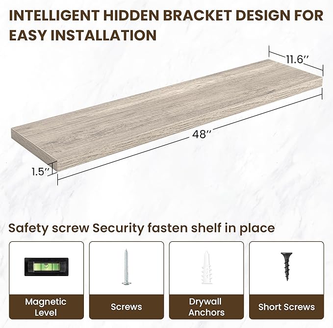 48 Inch Floating Shelves, 11.6 Inch Deep Floating Shelves for Wall, Floating Shelf with Invisible Brackets, Deep Shelves for Bathroom, Bedroom, Living Room, Vintage Gray Oak