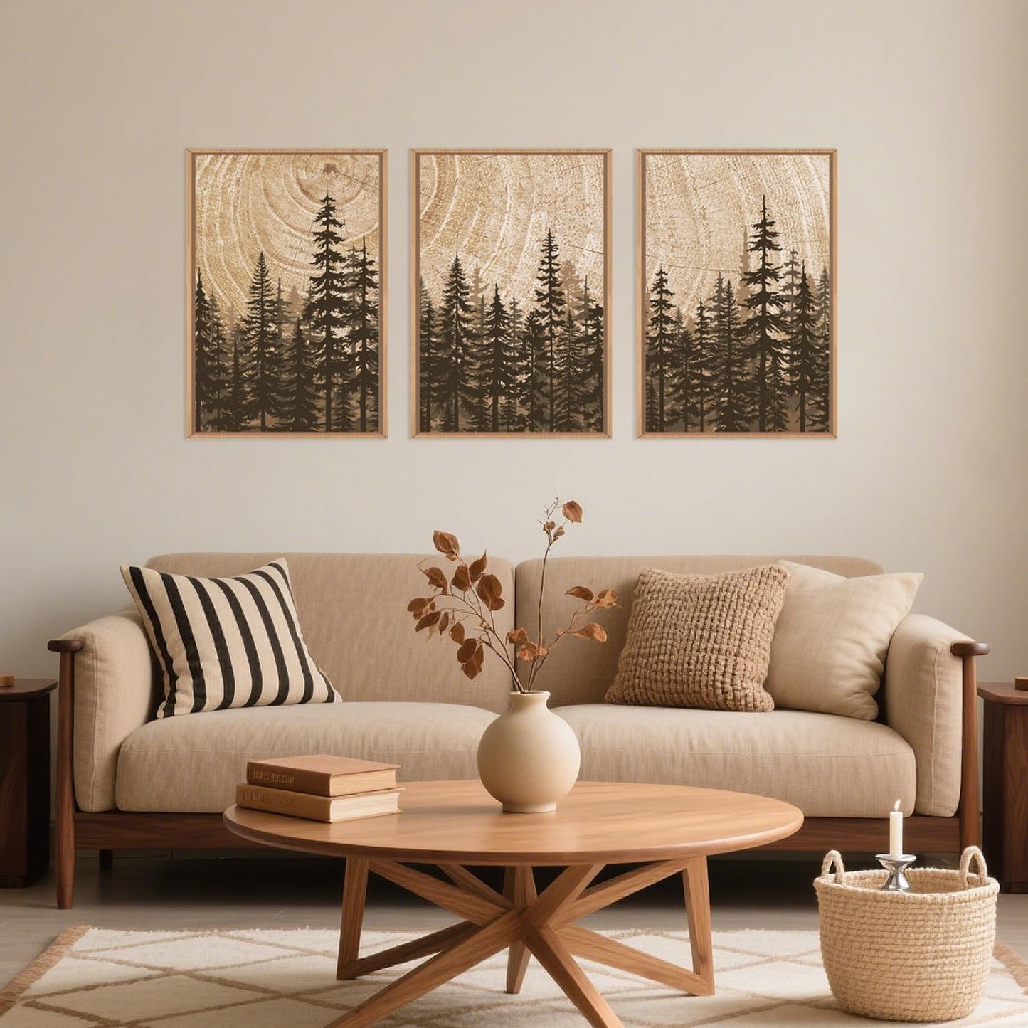 Pine Tree Framed Canvas Wall Art Set, Natural Woodland Landscape Wall Decor, Large Retro Forest Painting, Vintage Brown Artwork for Living Room, Bedroom, Kitchen, Study, Office - 16"x24"x3
