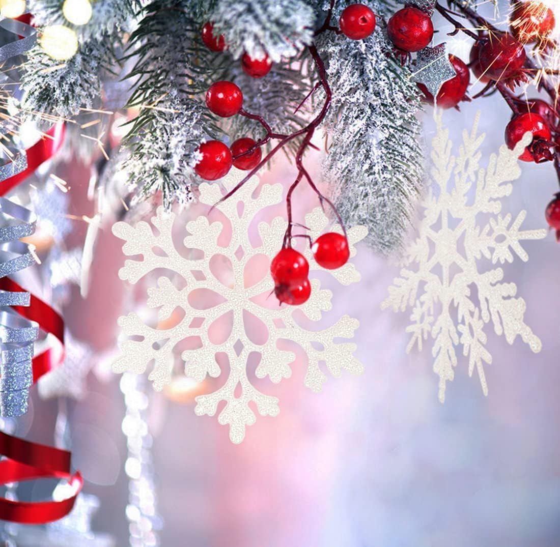 12pcs Large Christmas Snowflakes Decorations, 12" Big Plastic Glitter White Snowflake Ornaments for Winter Indoor Outdoor Christmas Tree Holiday Window Room Decor Craft Snowflakes