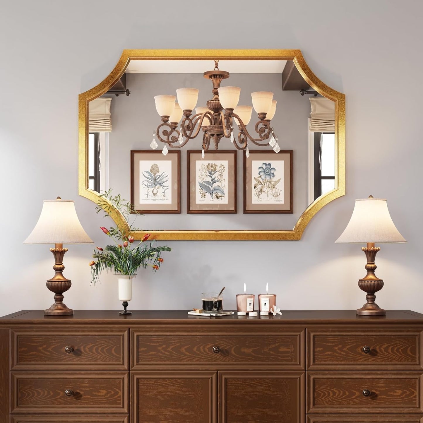 Kelly Miller Small Gold Mirror for Wall, 20"x28" Gold Bathroom Vanity Mirror Scalloped Mirror Decorative Wall Mirror Beveled for Master Bath Half Bath Living Room Bedroom Fireplace Mantle Entryway