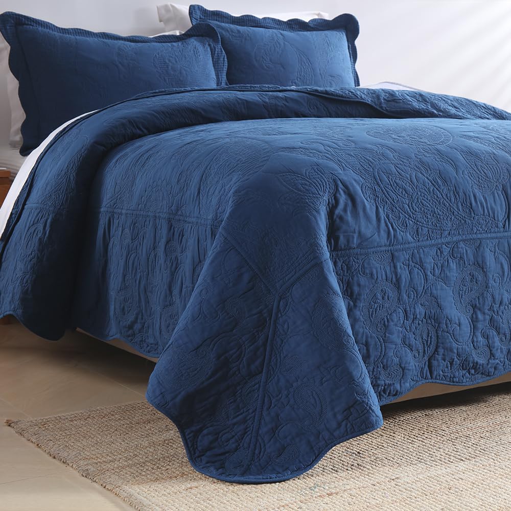 Cotton Bedspread Quilt Sets, Real Patchwork Bedding Sets with Luxury Floral Paisley Pattern, 3 Pieces Reversible Soft Lightweight Coverlet for All Season, Navy Blue, King Size